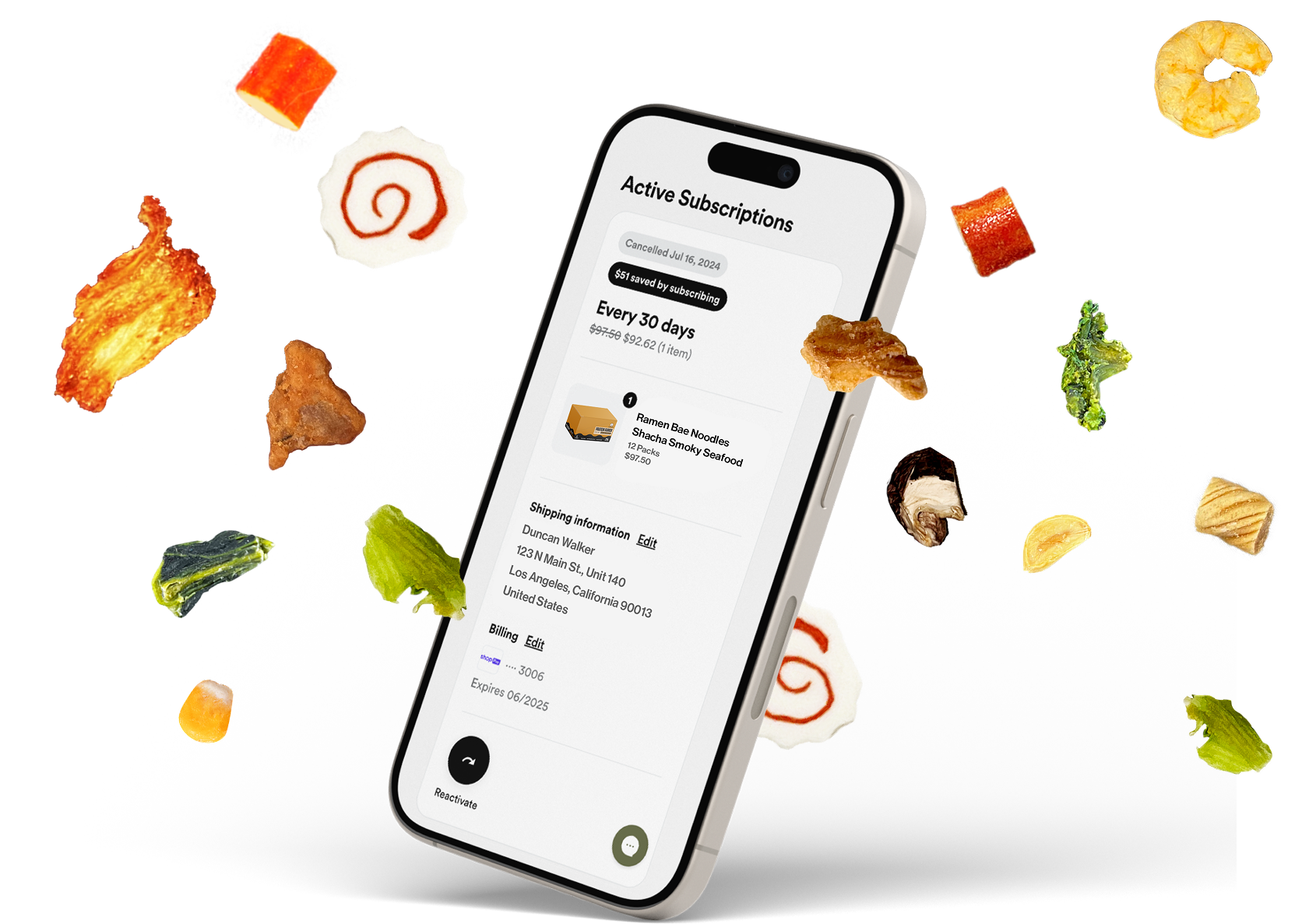 Phone screen displaying active subscriptions with food icons around
