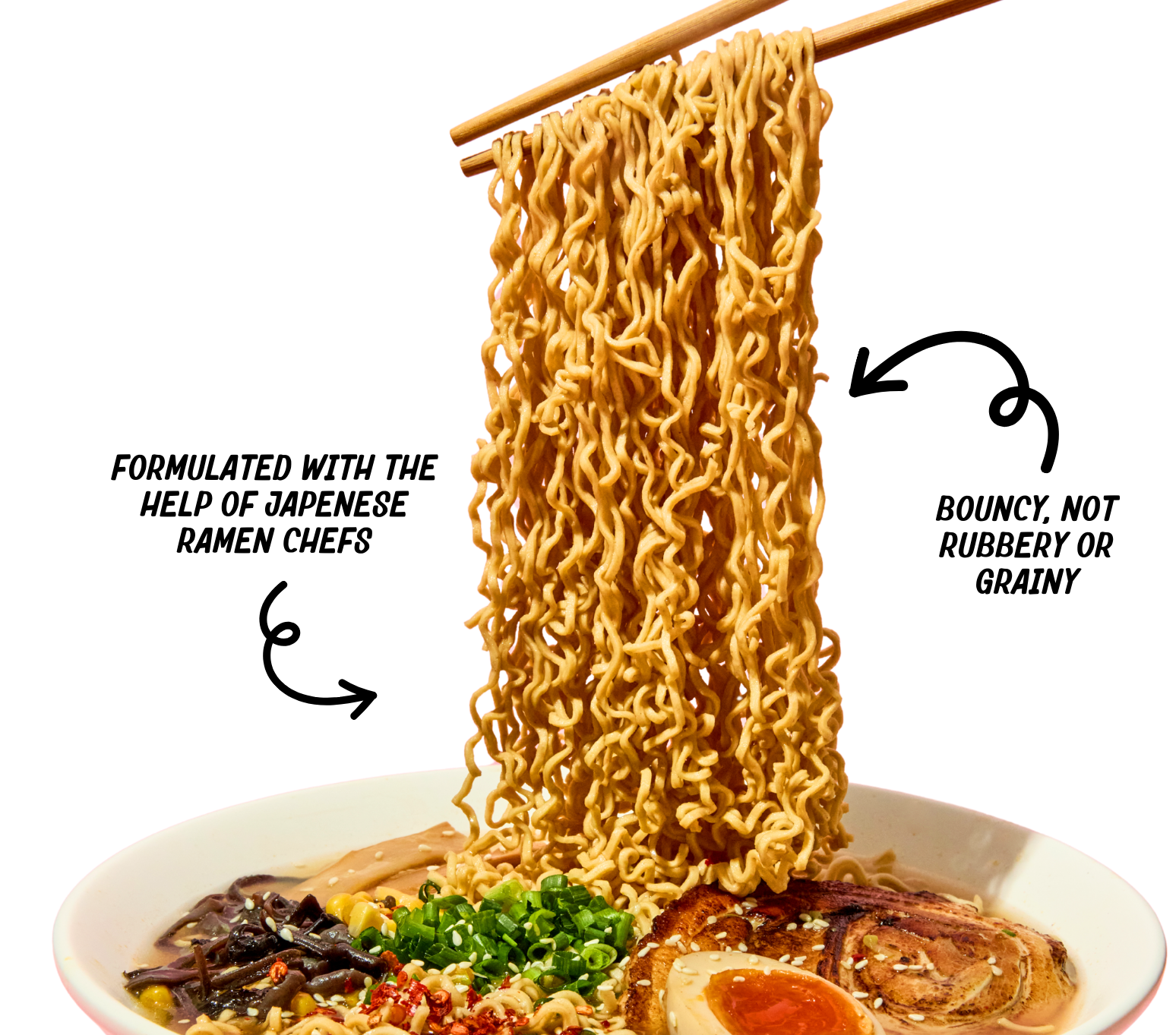 Noodles being lifted with chopsticks from a bowl of ramen, with text about Japanese ramen chefs and noodle texture.